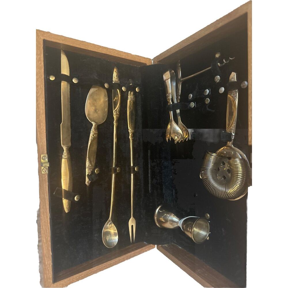 Vintage MCM Thailand Nickel Bronzeware 8 pc Bar Tool Set with Wooden Box Read